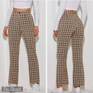 SHEIN Brown and Cream Plaid Flare Pants